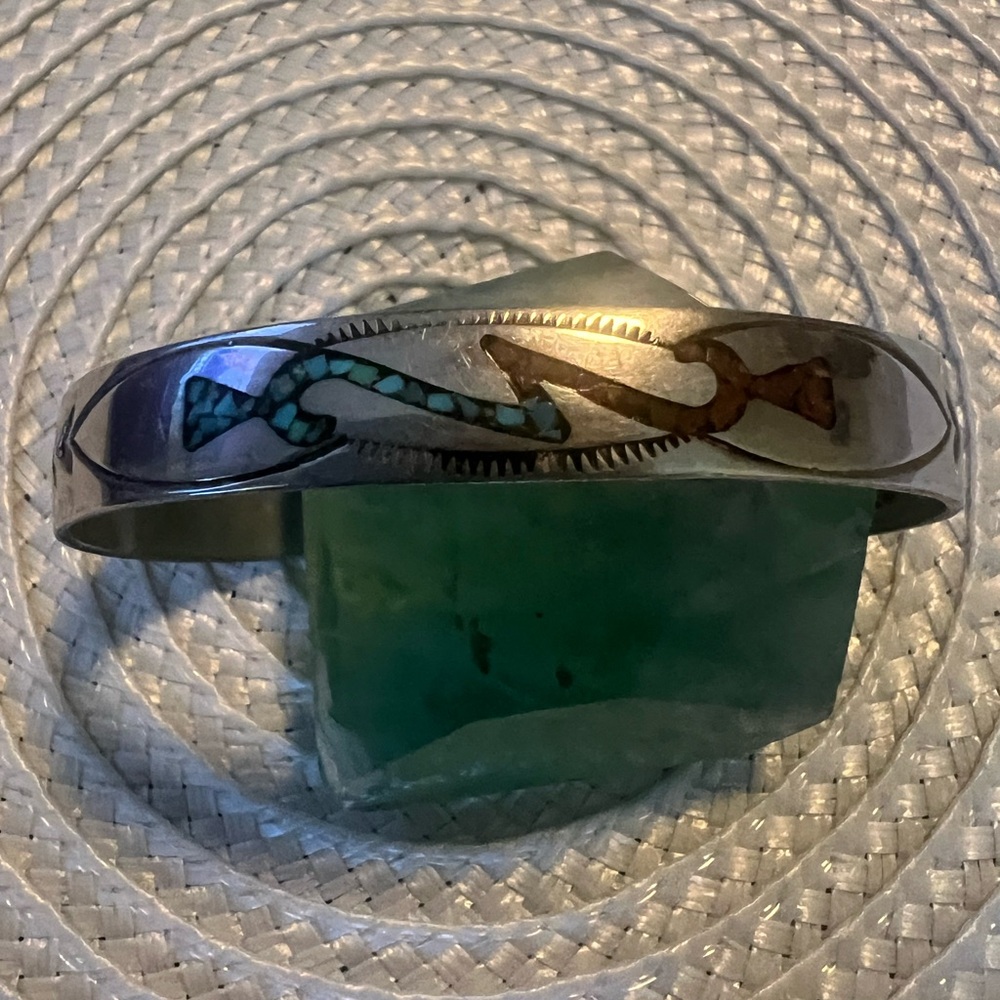 Vintage Navajo 1970’s Chip Inlay Turquoise n Coral Cuff Stamped Bracelet